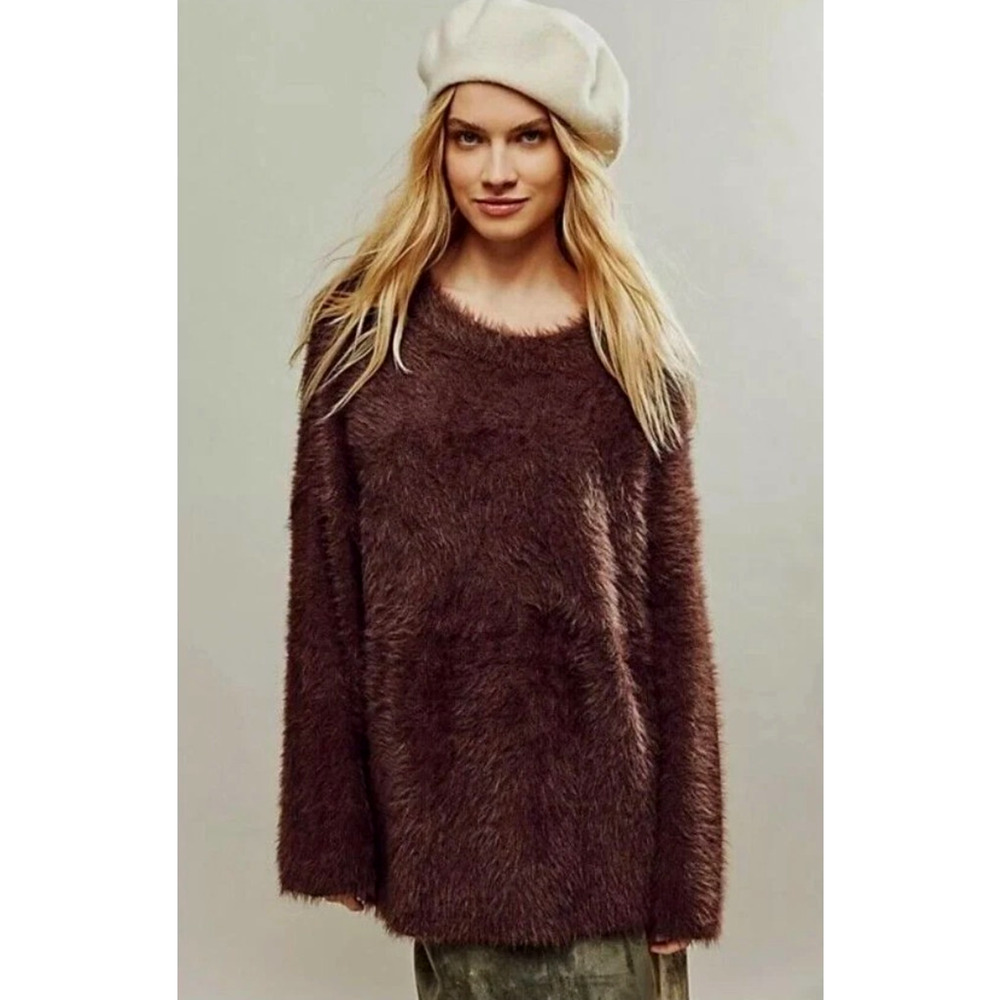 Free People HARRISON BUNNY Fuzzy Oversized Slouchy Sweater in Brown S NWOT $168